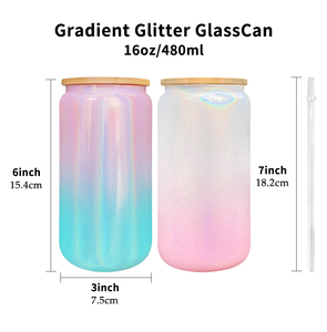 Couvercle Bling arc-en-ciel scintillant dégradé paillettes <span class=keywords><strong>verre</strong></span> bière peut 16oz Sublimation Soda peut en forme <span class=keywords><strong>de</strong></span> <span class=keywords><strong>verre</strong></span> avec couvercle en bambou et paille PP - Product Image 5