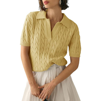 Jersey de punto de algodón con cuello en V y solapa sólida cómoda para mujer, jerséis informales de manga corta, Tops, ropa suave de diseño clásico