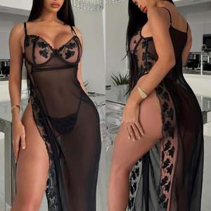 H3944 Lingerie sexy du Moyen-Orient, ensemble de nuisette en dentelle à sequins brodés en forme de cœur et à nœuds, tenue d'intérieur confortable en maille, deux pièces - Product Image 1