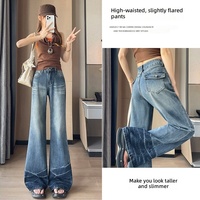 Celana Jeans Denim Warna-warni Model Kaki Lebar Wanita, Model Flare Longgar Pinggang Tinggi, Warna Medium Wash, Panjang hingga Lutut, Cocok untuk Bentuk Tubuh Pear