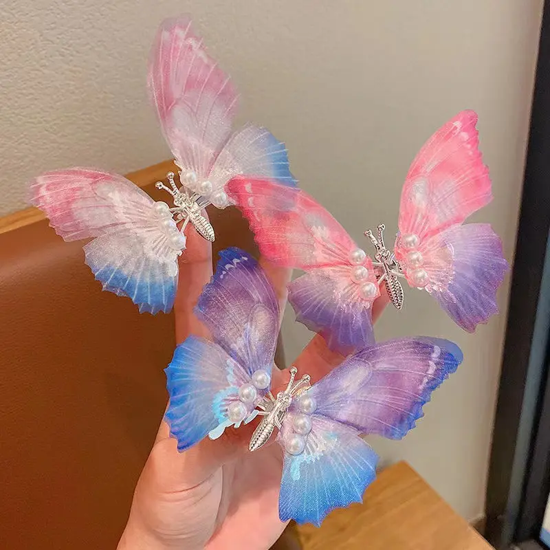 다채로운 반짝이 큰 나비 헤어 클립 소녀를위한 아름다운 움직이는 날개 진주 머리핀 달콤한 머리그립 바렛 헤어 액세서리