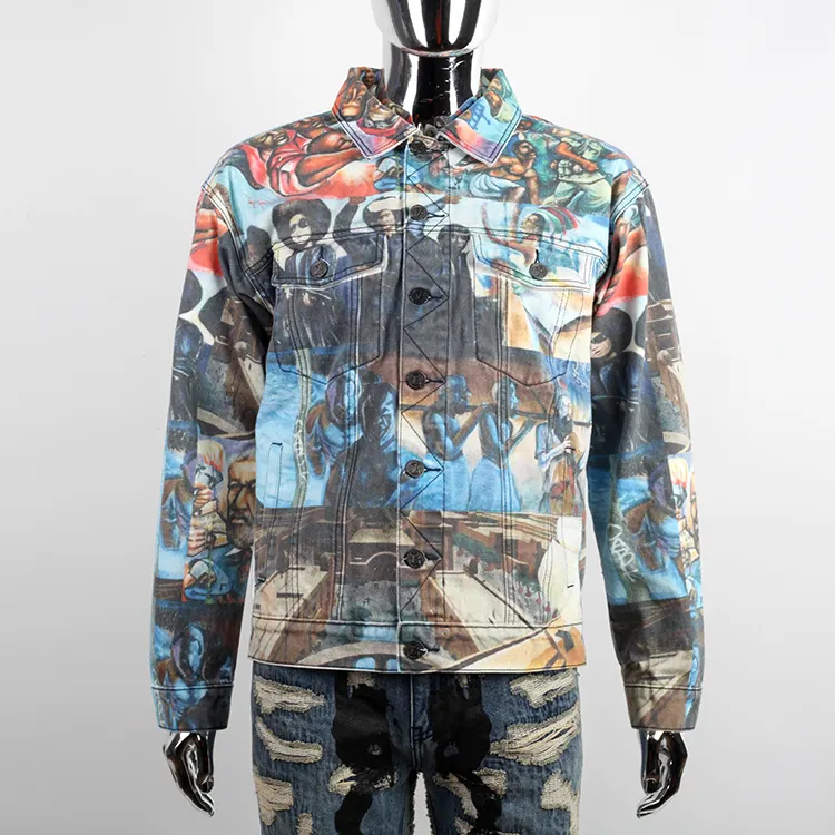 군사 재킷 전술 디지털 사진 인쇄 인쇄 작업 청바지 슬림 맞는 남자 승화 데님 재킷