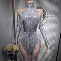 Costume de danse latine scintillant argenté à franges, pantalon taille haute à manches longues, pour performance de talent, boîte de nuit, Gogo
