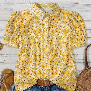 Blusa Unisex con Cuello Camisero, Estampado Floral, Mangas Abullonadas, Opción de Logotipo Personalizado, Tela Ecológica Antiarrugas para Oficina - Product Image 1