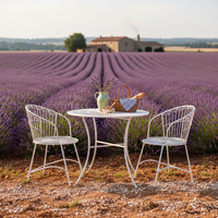 Ensemble bistrot d'extérieur 3 pièces style scandinave, chaises à dossier en fil métallique avec structure en métal blanc, table ronde, mobilier de jardin pour café, balcon