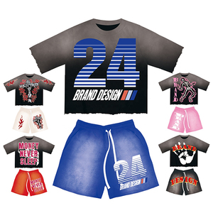 Streetwear Ensembles de shorts délavés à l'acide Logo personnalisé 100% coton LOGO personnalisé Ensemble de 2 pièces Survêtements Joggers Costumes de sport Ensemble de shorts pour hommes - Product Image 2