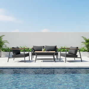 Ensemble <span class=keywords><strong>de</strong></span> canapé d'extérieur moderne 4 pièces avec structure en acier, accoudoirs en plastique imitation bois, table en plastique résistante aux intempéries, portable, pour <span class=keywords><strong>jardin</strong></span> et patio - Product Image 5