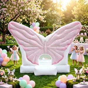 Château gonflable en forme de papillon, rose et blanc, pour fête et toile de fond photo - Product Image 1