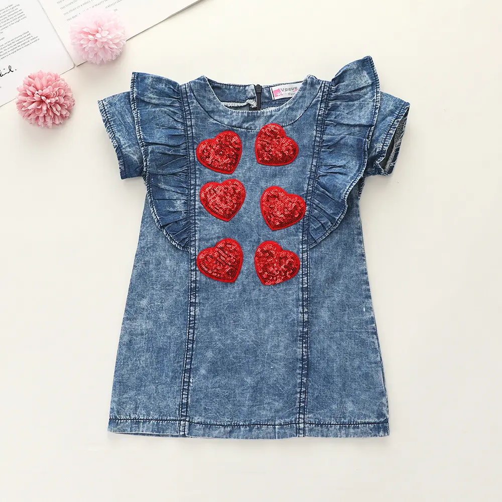 Mädchen New Denim Kleid Sommer Kinder Mode Liebes rock 2021 New Children Fly Sleeve Rock