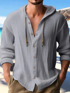 Men's Light Blue Hooded Long Sleeve Vacation Shirt V-Neck Button Down Casual Summer Solid Cotton Poplin Breathable - Product Image 4