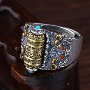 <b>Adjustable</b> Retro Buddhist Scripture <b>Silver</b> Plated <b>Ring</b> for Men Personality Male Index Finger Bijou Rotatable Fashion Jewelry - Product Image 3