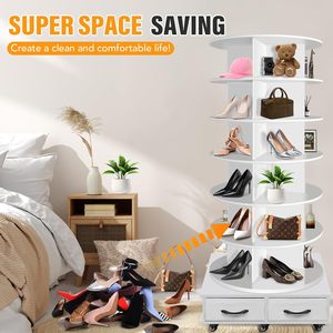 La <span class=keywords><strong>tour</strong></span> rotative <span class=keywords><strong>à</strong></span> 7 niveaux pour chaussures contient 2 tiroirs, 360 supports <span class=keywords><strong>à</strong></span> chaussures tournants, carrousel rond de stockage, équipé de 5 roues - Product Image 5