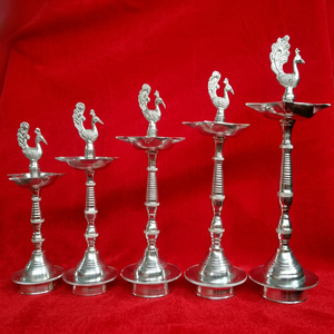 Premium <b>Silver</b> Plated Samai Deepam Oil <b>Lamp</b> Elegant Standing Diya for Home Temple Puja Rituals Religious Ceremony Diwali Fest - Product Image 1