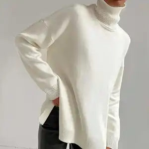 Загрязнения Новые поступления однотонная Одежда Свитер оверсайз с высоким, плотно облегающим шею воротником для женщин базовый свитер с разрезами по бокам вязаный Топ