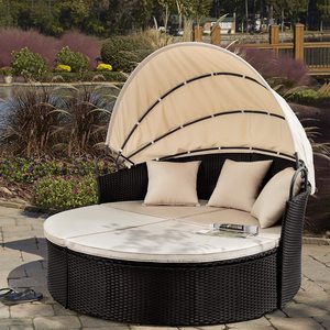 Chaise longue d'extérieur en rotin tressé, canapé-lit rond avec auvent, mobilier <span class=keywords><strong>de</strong></span> patio, lit <span class=keywords><strong>de</strong></span> soleil <span class=keywords><strong>de</strong></span> <span class=keywords><strong>plage</strong></span>, canapé-lit rond en rotin - Product Image 4