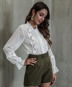 Long Sleeves <strong>White</strong> <strong>Blouses</strong> Stand Collar Women Tops Chiffon Lace Shirt <strong>Blouses</strong> - Product Image 6
