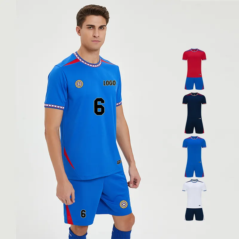 Set di abbigliamento da uomo maglia personalizzata calcio abbigliamento da calcio Jersey Set stampe marchi Logo uniformi da calcio blu e bianche