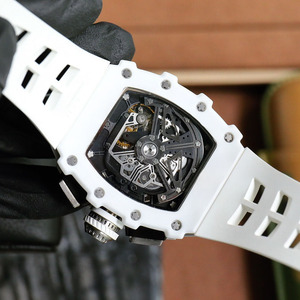 High-end White Carbon Fiber Tonneau Case White <b>Rubber</b> Strap Men's Luxury Racing Skeleton Sports Chronograph <b>Watch</b> - Product Image 5
