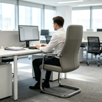 Chaise de bureau ergonomique à dossier haut, gris, rembourrée, avec accoudoirs rembourrés, base chromée, pour salle de réunion et visiteurs