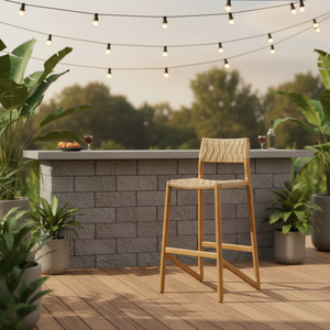 Chaise de bar Ana en bois de teck avec accents en rotin synthétique offrant un confort léger et un style décontracté moderne - Product Image 1