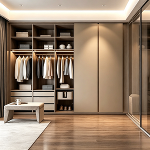 Armoire coulissante sur mesure haut de gamme en bois massif noyer et MDF avec portes vitrées, <span class=keywords><strong>dressing</strong></span> avec système d'éclairage LED - Product Image 4