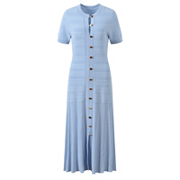 Robe en tricot élégante et ajustée à col rond et manches courtes, style décontracté pour le bureau, avec détails ajourés au crochet et fermeture simple boutonnée pour femme