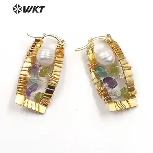WT-E589 long square fashion pearl earrings in 18k gold plated statement lady loved stone beads wire wrapped earrings