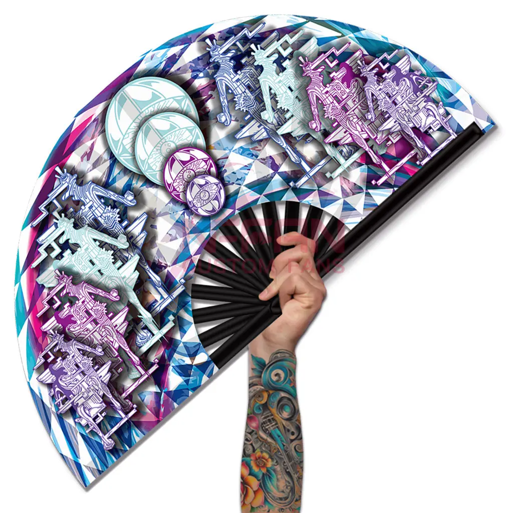 UV Glow Custom Printed Festival Fan Large Bamboo Rave Folding Hand Fan for Wholesale Event Accessories