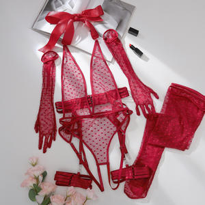 Ensemble de lingerie transparente en maille à pois avec décolleté plongeant et bretelles halter, 5 pièces, vente en gros - Product Image 5