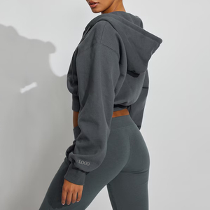 Custom Ribbed Hem Cropped Zip up Short Hoodie for Women Embroidered Solid Color Breathable Quick Dry Streetwear <strong>Jumper</strong> - Product Image 2