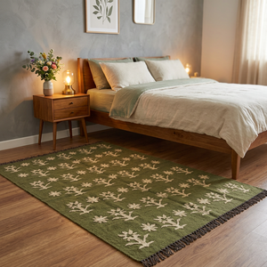 Handwoven Green Area <b>Rug</b> With White Floral Pattern Fringe Bohemian Style Living Room Carpet Rectangle Wool Acrylic Jute Backing - Product Image 2