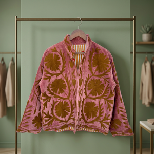 Custom <b>Women</b> Pink Velvet Suede Suzani Embroidery Jacket Vintage Stand Collar Floral Embroidered Boho Folk Warm Outerwear <b>Coat</b> - Product Image 1