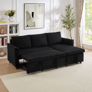 Black Loveseat Chaise Lounge Modular Convertible Storage Corduroy Tufted Upholstered <b>Sleeper</b> Sectional Living Room - Product Image 1