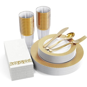 Piatto da Cena in Plastica Dorata a Griglia Monouso, Vassoio per Feste, Piatto Moderno Minimalista Stile Occidentale, Bicchiere da <span class=keywords><strong>Vino</strong></span>, Coltello e Forchetta - Product Image 1