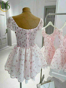 Vestido Floral con Mangas Abullonadas, Cuello Cuadrado, Cintura Fruncida y Ribete de Encaje, Largo Mini, Ligero y Transpirable - Product Image 3