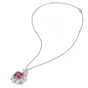 lab red ruby gemstone necklace 925 silver chain square cut diamond women wedding necklace