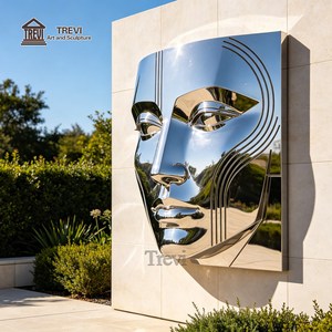 Sculpture murale en acier inoxydable 304 poli miroir TREVI en forme de masque |   Décoration moderne pour l'extérieur et l'intérieur, hôtel, hall et villa - Product Image 4