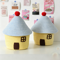 Panier de rangement en coton tissé style dessin animé avec couvercle, organisateur de bureau style Instagram pour collations, jouets et rangement domestique (utilisation multi-pièces)