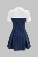 Robe mini vintage d'été respirante et lavable à rayures contrastées, imprimée, avec col boutonné et patchwork sans manches