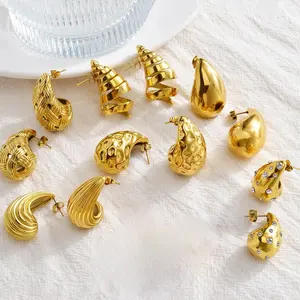 Venta caliente minimalista hueco gota ovalada Stud pendientes para Mujeres 18K chapado en oro de acero inoxidable joyería impermeable