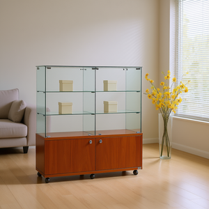 Vitrine moderne en verre 120x40x130 cm avec base en bois de cerisier, portes et étagères verrouillables pour rangement dans le salon - Product Image 3