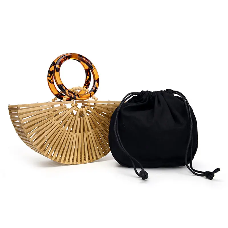 新しい竹のハンドバッグ2022年夏の中空の女性のバッグストロー籐トートバッグ木製ビーチ財布バスケットアクリルハンドルバッグ
