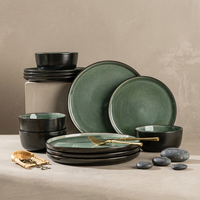 EKA Service de vaisselle style américain à glaçure réactive verte, 12 pièces, assiettes et bols en céramique, service de vaisselle en porcelaine