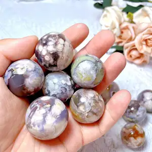 Grosir Batu Penyembuhan Alami Dipoles Kristal Hitam Cherry Blossom Agate Sphere
