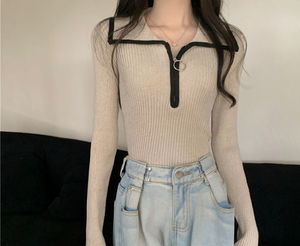Maglione da donna con collo a revers e mezza zip, nuovo modello autunno/inverno, stile dolce e piccante, slim fit, a maniche lunghe, in maglia - Product Image 6