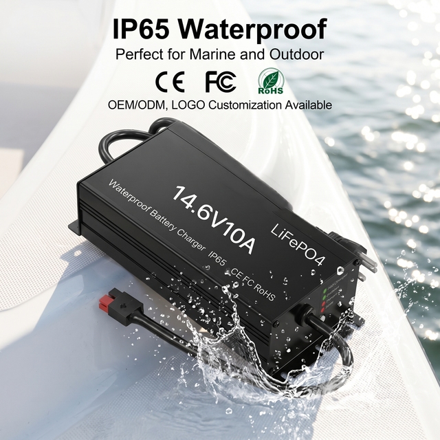 12V/12.8V/14.6V 10A AC-DC IP65 Waterproof LiFePO4 Charger High Efficiency Fast Charge CE/FCC Certified 24-Month Batteries