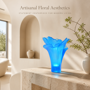 Vaso in Vetro Smerigliato <span class=keywords><strong>Blu</strong></span> con Bordo a Petalo, Corpo Scanalato, Alto e Scultoreo, Centrotavola Decorativo per Soggiorno - Product Image 3