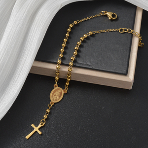 Conjunto de Joyería para Mujer, Chapado en Oro de 18K, Medalla Milagrosa Geométrica, Cadena de Mano Ajustable con Cuentas Ovaladas y Cruz, Acero Inoxidable 316L - Product Image 4