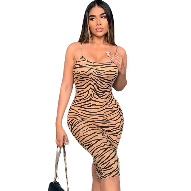 Tiger Print senza maniche stretto elegante vestito Midi 2021 inverno autunno Casual Fashion Club abbigliamento donna vestiti all'ingrosso