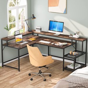 Bureau d'ordinateur d'angle long réversible en forme de L multifonctionnel pour la maison, le bureau, le bureau de direction avec des étagères plates - Product Image 1
